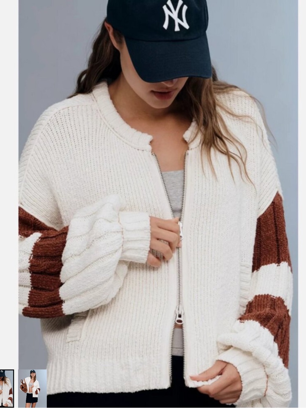 Anthropologie pilcro Cream zip. Down cardigan with Brown Tiger Intarsia sz L - Picture 2 of 12